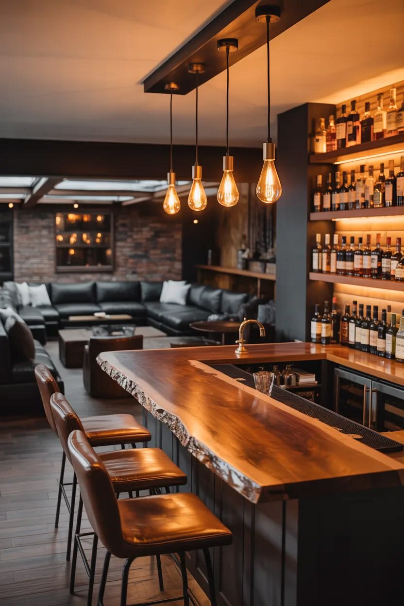 Live-edge walnut bar with leather stools under warm Edison bulbs and backlit whisky shelves