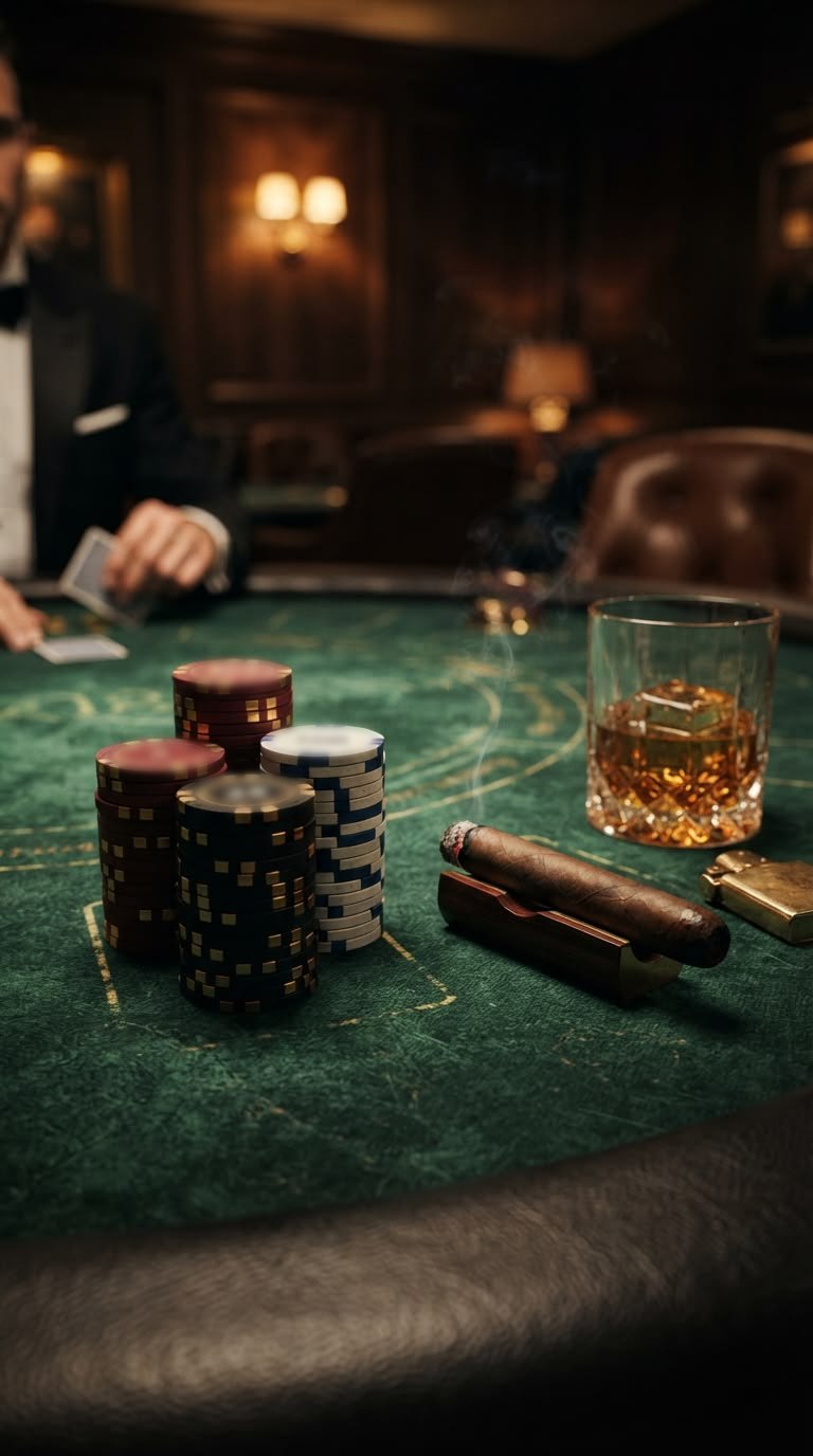 Stacks of poker chips, a cigar and a glass of whisky on green felt