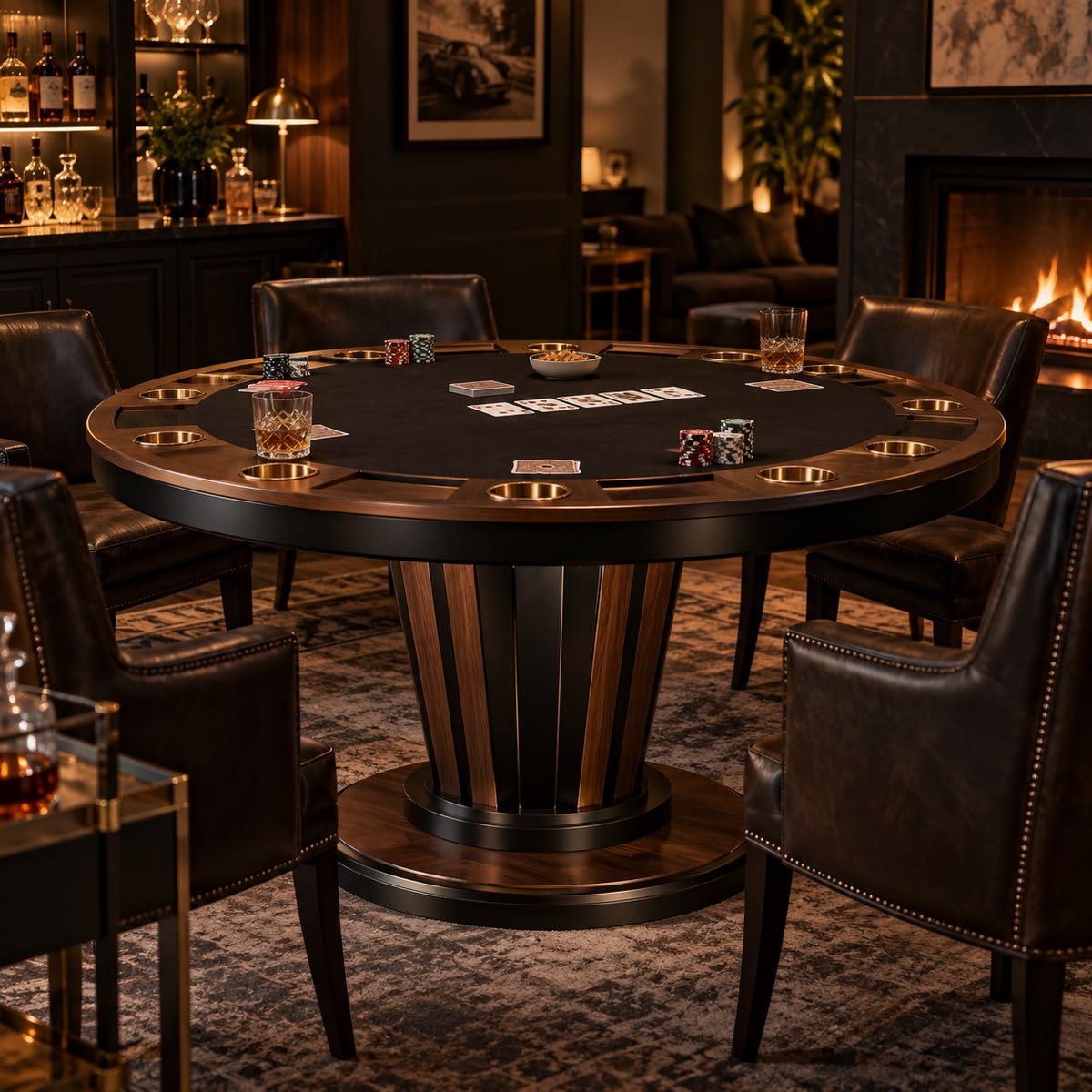 Round walnut poker table with black felt, brass cup holders and leather armchairs beside a lit fireplace
