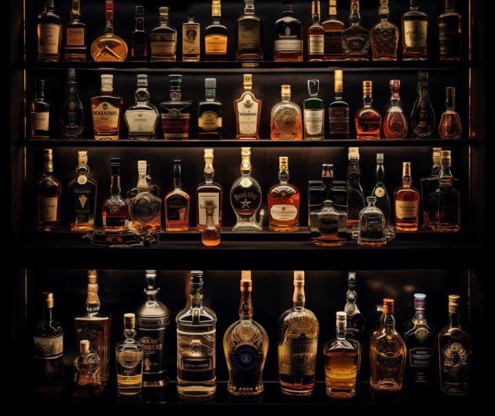 Backlit shelves of whisky and cognac bottles