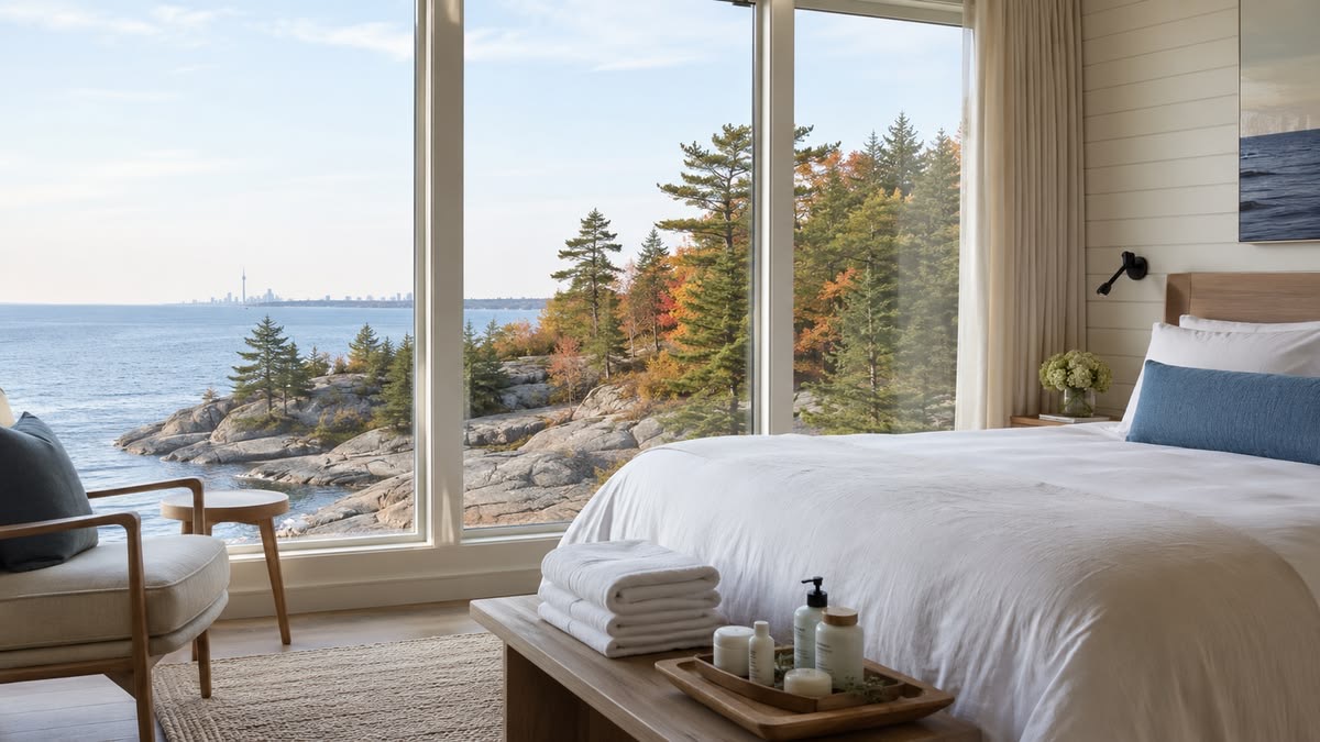 Lake Suite with floor-to-ceiling windows over the rocky shore and the Toronto skyline on the horizon